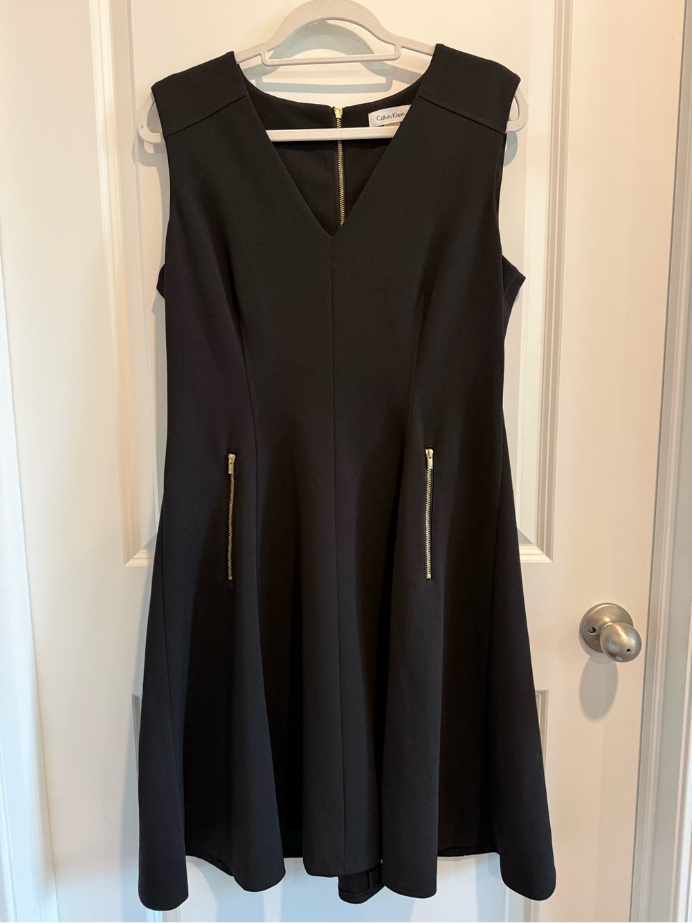 Calvin Klein Black Sleeveless V-Neck Fit-and-Flare Dress with Gold Zippers